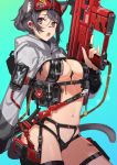  1girl animal_ears barcode blue_eyes blush breasts cat_ears cat_tail cleavage commentary_request gradient gradient_background grey_hair gun holding holding_gun holding_weapon hood looking_at_viewer navel open_mouth original pouch sheath sheathed short_hair shrug_(clothing) solo sword tail tajima_ryuushi weapon 