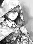  1boy armor cloak closed_mouth fingerless_gloves gloves greyscale hair_between_eyes hood hood_up kurou_(bcrow) male_focus monochrome simple_background solo torn_clothes touken_ranbu upper_body yamanbagiri_kunihiro 