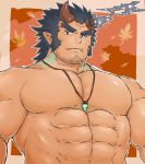  1boy bara brown_hair chest dark_blue_hair facial_hair fang horns jewelry looking_at_viewer male_focus manly muscle necklace pectorals shirtless simple_background solo takemaru_(tokyo_houkago_summoners) thick_eyebrows tokyo_houkago_summoners upper_body yanutorie 