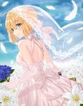  1girl ahoge artoria_pendragon_(all) bare_back blonde_hair blue_sky blush bouquet breasts bridal_veil commentary_request dress elbow_gloves fate/grand_order fate_(series) flower gloves green_eyes hair_bun highres holding holding_bouquet looking_at_viewer looking_back medium_breasts petals saber sakurasakimasu4 short_hair sideboob sky smile solo veil wedding_dress white_gloves 