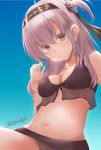  1girl bikini black_bikini black_headband blue_background breasts cleavage clothes_writing collarbone commentary_request cowboy_shot gradient gradient_background grey_eyes headband highres kamijou_sadame kantai_collection long_hair looking_at_viewer medium_breasts one_side_up silver_hair smile solo suzutsuki_(kantai_collection) swimsuit 