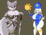  4:3 absurd_res anthro barbarian big_breasts big_butt bird_dog blanche_(kiaradog) blush breasts butt canid canine canis cleric clothed clothing dagger digital_media_(artwork) domestic_dog duo feathers female fur gold_(metal) gold_jewelry grey_body grey_fur hair hi_res huge_breasts hunting_dog jewelry knife labrador mammal maria_(slickerwolf) mature_female melee_weapon mole_(marking) nr_ac raccoon_tail retriever simple_background smile staff sword text thick_thighs weapon white_body white_fur wolf 