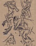 2020 ? absurd_res anthro biped canid canine comic duo female fox hare hi_res huge_filesize jumping lagomorph leporid lirkov male mammal nude open_mouth red_fox running simple_background stuck traditional_media_(artwork) 
