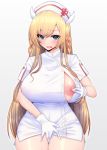  1girl azur_lane bangs blonde_hair blue_eyes braid breasts commentary_request covered_nipples dress eyebrows_visible_through_hair gloves hat highres horns huge_breasts kira_kazuki kongou_(azur_lane) kongou_(talent_hospital)_(azur_lane) long_hair looking_at_viewer nipples nurse nurse_cap open_mouth partially_unbuttoned short_dress short_sleeves sidelocks solo thighs very_long_hair white_dress white_gloves white_headwear 