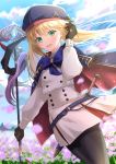  1girl :d artoria_pendragon_(all) artoria_pendragon_(caster) bangs black_gloves black_legwear blonde_hair blue_bow blue_cape blue_headwear blurry blurry_background blush bow cape commentary_request day depth_of_field eyebrows_visible_through_hair fate/grand_order fate_(series) floating_hair flower gloves green_eyes hair_between_eyes hand_up hat highres holding holding_staff iroha_(shiki) long_hair long_sleeves multicolored multicolored_cape multicolored_clothes open_mouth outdoors pantyhose pink_flower pleated_skirt puffy_long_sleeves puffy_sleeves red_cape shirt skirt smile solo staff standing white_shirt white_skirt 