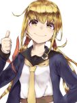  1girl bangs black_sailor_collar blonde_hair blush crescent crescent_moon_pin jacket kantai_collection kurou_(bcrow) long_hair long_sleeves low_twintails necktie remodel_(kantai_collection) sailor_collar satsuki_(kantai_collection) simple_background smile solo thumbs_up twintails white_background yellow_eyes yellow_neckwear 