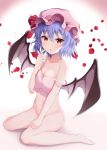  1girl :o absurdres bare_shoulders barefoot bat_wings blue_hair bottomless breasts cleavage full_body gradient gradient_background hat highres looking_at_viewer medium_hair mob_cap navel pink_background pink_headwear red_eyes remilia_scarlet small_breasts solo strap_gap strap_slip touhou utekiro white_background wings 