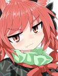  1girl :3 animal_ears bangs black_bow bow braid cat_ears chups closed_mouth eyebrows_visible_through_hair face fang frilled_shirt_collar frills green_frills hair_bow highres kaenbyou_rin looking_at_viewer red_eyes red_hair red_neckwear simple_background solo touhou twin_braids white_background 
