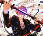  1boy aura bangs brown_hair closed_mouth fighting_stance gintama glaring hair_between_eyes holding holding_sheath holding_sword holding_weapon jacket okita_sougo ready_to_draw red_eyes sheath shirt short_hair solo sword unsheathing weapon yamawasabi3 