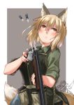  1boy 1girl animal_ear_fluff animal_ears ayyh blonde_hair break_action earplugs fox_ears fox_girl fox_tail glasses gun hat highres holding holding_gun holding_weapon orange_eyes original short_hair shotgun shotgun_shells simple_background smoke tail weapon 