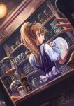  1girl brown_hair cafe coffee dutch_angle highres indoors maid original plate ponytail shiki_makoto signature 