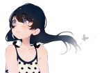  1girl absurdres black_butterfly black_hair blue_eyes bug butterfly eyebrows_visible_through_hair hair_between_eyes highres insect long_hair looking_to_the_side original parted_lips polka_dot solo upper_body waifubot white_background 