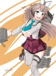  1girl adapted_turret blazer blue_neckwear brown_hair commentary_request grey_legwear hair_ribbon jacket kantai_collection kazagumo_(kantai_collection) knck long_hair machinery necktie ponytail remodel_(kantai_collection) ribbon silver_eyes smile solo thighhighs torpedo_launcher two-tone_background upper_body 