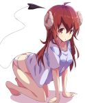  1girl all_fours barefoot collarbone curled_horns demon_tail eyebrows_visible_through_hair full_body highres horns legs long_hair looking_at_viewer machikado_mazoku mel_(melty_pot) panties red_eyes red_hair red_horns shirt short_hair simple_background solo t-shirt tail thighs underwear white_background white_panties yoshida_yuuko_(machikado_mazoku) 
