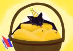  ambiguous_gender anthro basket black_body black_fur blep chiropteran clothing deke_(ittybittykittytittys) eyes_closed food fruit fur hat headgear headwear mammal mango_(fruit) party_hat plant pteropodid simple_background solo theblueberrycarrots tongue tongue_out yellow_background 