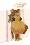  anthro belly big_belly big_breasts bodily_fluids breasts brown_body brown_fur cum cum_drip cum_on_ground don_bluth doorway dripping english_text female fur genital_fluids gore hi_res hyper hyper_belly hyper_pregnancy lactating mantrin navel outie outie_navel pink_wall pregnant solo stith stretch_marks text thechutzpah titan_a.e. 