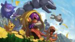  blonde_hair charmander cloud commentary_request day fire flame flower gen_1_pokemon gengar grass highres jynx magnemite mountain no_humans onix open_mouth outdoors pikachu pokemon pokemon_(creature) sky supearibu teeth tongue watermark 