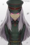 1girl arms_behind_back cosplay evil_grin evil_smile fire_emblem fire_emblem:_three_houses glowing glowing_eyes gofelem grin hat long_hair looking_at_viewer lysithea_von_ordelia military military_uniform smile solo tanya_degurechaff tanya_degurechaff_(cosplay) uniform white_hair youjo_senki 