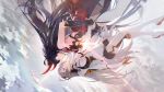  2girls black_hair breasts character_request cleavage closed_eyes falling highres holding_hands honkai_(series) honkai_impact_3rd horns korean_commentary lens_flare long_hair medium_breasts mossi multiple_girls sky white_hair 