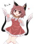  1girl :3 animal_ears bangs black_tail bow bowtie bright_pupils brown_hair cat_ears cat_tail chen chinese_clothes chups dress eyebrows_visible_through_hair fang frilled_dress frills heart highres jewelry long_sleeves looking_at_viewer multiple_tails nekomata open_mouth red_dress red_eyes shirt short_hair simple_background single_earring smile solo tail touhou two_tails white_background white_bow white_frills white_legwear white_neckwear white_pupils white_shirt white_sleeves 