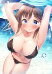  1girl absurdres armpits arms_up bare_shoulders bikini black_bikini blue_eyes blush breasts brown_hair cleavage collarbone commentary day halterneck highres large_breasts long_hair looking_at_viewer nari_(narikashi) navel ocean original outdoors skindentation solo standing stomach strap_gap string_bikini swimsuit thigh_gap thighs undressing wet 