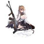  1girl artist_request barrette black_legwear blush breasts brown_hair burnt_clothes car_(girls_frontline) cleavage cloak cloak_removed eyebrows_visible_through_hair girls_frontline gun hair_between_eyes hand_on_weapon holding holding_weapon large_breasts long_hair looking_down machine_gun no_shoes pantyhose purple_eyes shirt sitting sitting_on_floor solo torn_clothes torn_legwear torn_shirt weapon wet wet_clothes wet_legwear wet_shirt white_background white_shirt 