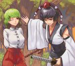  2girls :3 absurdres ballpoint_pen_(medium) bangs blunt_bangs breasts bush cane cleavage collared_shirt commentary_request cowboy_shot curly_hair detached_sleeves forest green_hair hat highres holding holding_sheath kazami_yuuka kazami_yuuka_(pc-98) kourindou_tengu_costume large_breasts long_hair long_sleeves looking_afar looking_at_another multiple_girls muscle nature obi one_eye_closed open_mouth orange_sky outdoors outline outstretched_arm pants plant protecting red_headwear red_pants reflective_eyes sarashi sash scabbard shameimaru_aya sheath sheathed shiny shiny_hair shirt short_hair skinnytorch sky smile straight_hair swept_bangs talking tassel thigh_gap tokin_hat toned touhou touhou_(pc-98) traditional_media tree twilight very_long_hair vines wavy_hair white_shirt wide_sleeves 