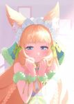  1girl absurdres animal_ear_fluff animal_ears bangs bare_shoulders blonde_hair blue_dress blue_eyes blush bow braid character_request closed_mouth commentary_request dress food_themed_hair_ornament fox_ears fur_trim green_bow green_eyes hair_bow hair_ornament hands_up headdress highres holding holding_hair inuyabu_cc lemon_hair_ornament long_hair looking_at_viewer maimai_(game) neck_ribbon ribbon smile solo sunlight thick_eyebrows twin_braids upper_body wrist_cuffs 