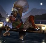  2020 absurd_res anthro antlers barefoot bottomwear brown_body brown_fur cervid clothed clothing detailed_background dipstick_tail duo female fluffy fluffy_tail fully_clothed fur head_on_lap hi_res hooves horn lake light lighting lights male mammal moon mountain multicolored_tail night on_lap outside relaxable relaxablefur shirt shorts signature sky smile spots spotted_body spotted_fur star starry_sky t-shirt topwear water white_body white_fur 
