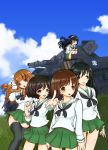  5girls akiyama_yukari anglerfish black_hair blue_eyes breasts brown_hair caterpillar_tracks cloud day emblem girls_und_panzer grass ground_vehicle headband isuzu_hana kabaya_kousuke long_hair military military_vehicle motor_vehicle multiple_girls nishizumi_miho ooarai_(emblem) ooarai_school_uniform open_mouth panzerkampfwagen_iv pointing reizei_mako school_uniform shirt short_hair skirt sky smile squatting takebe_saori tank 