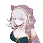  1girl alternate_costume bangs bare_shoulders breasts cleavage collarbone commentary_request danganronpa detached_sleeves eyebrows_visible_through_hair highres hood hood_up jing_ye_li large_breasts looking_at_viewer medium_hair mole mole_on_breast nanami_chiaki open_mouth pale_skin parted_lips pink_eyes pink_hair purple_eyes sengoku_asuka_zero simple_background smile solo super_danganronpa_2 upper_body white_background 