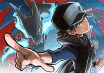  1boy badge baseball_cap black_coat black_hair blue_eyes blue_fire charizard clenched_hand closed_mouth coat commentary_request dragon fire frown gen_1_pokemon glowing glowing_eyes hat highres looking_to_the_side mega_charizard_x mega_pokemon official_alternate_costume pointing pokemon pokemon_(creature) pokemon_(game) pokemon_masters popped_collar red_(pokemon) seijun spiked_hair turtleneck 
