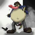  1:1 aggrobadger anthro belly big_belly blue_clothing blue_shirt blue_topwear bodily_fluids bottomwear brown_clothing brown_footwear brown_hair brown_shoes button_pop clothing doorway footwear fur genital_fluids genital_outline genitals grey_bottomwear grey_clothing grey_pants gun hair herpestid hyper hyper_belly hyper_tongue inflation male mammal meerkat navel outie outie_navel pants pants_bulge penis penis_tongue precum ranged_weapon saliva shirt shoes solo steam tongue topwear torn_clothing weapon yellow_body yellow_fur 