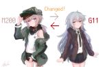  2girls absurdres arrow_(symbol) character_name cosplay costume_switch english_text g11_(girls_frontline) g11_(girls_frontline)_(cosplay) girls_frontline grey_hair highres jacket lexis_yayoi long_hair m200_(girls_frontline) m200_(girls_frontline)_(cosplay) multiple_girls necktie ponytail purple_eyes scarf shorts skirt white_hair 
