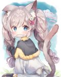  1girl animal_ear_fluff animal_ears bangs black_capelet black_gloves blue_eyes blush bow braid capelet cat_ears cat_girl cat_tail commentary_request dress eyebrows_visible_through_hair fang flower food_in_mouth fur-trimmed_capelet fur_trim gloves grey_hair hair_between_eyes hair_flower hair_ornament hand_up highres long_hair mouth_hold original paw_pose red_bow rukako signature solo striped striped_bow tail tail_raised thank_you translation_request twin_braids twintails very_long_hair white_bow white_dress white_flower x_x 
