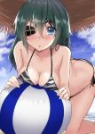  1girl all_fours animal_print ball beachball bikini blue_eyes blue_sky breasts cleavage cloud commentary_request eyepatch gin&#039;ichi_(akacia) green_hair hat kantai_collection kiso_(kantai_collection) looking_at_viewer medium_breasts side-tie_bikini sky solo straw_hat sun_hat swimsuit tiger_print 