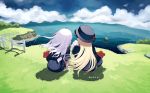  2girls abigail_williams_(fate/grand_order) black_bow black_dress black_headwear blonde_hair blue_sky bow dress fate/grand_order fate_(series) grass hair_bow hat horns lavinia_whateley_(fate/grand_order) long_hair multiple_bows multiple_girls ocean orange_bow outdoors polka_dot polka_dot_bow ribbed_dress single_horn sky sleeves_past_fingers sleeves_past_wrists squatting stuffed_animal stuffed_toy teddy_bear tetsu_(teppei) white_hair 