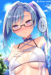  1girl arm_strap asymmetrical_bangs bangs bare_shoulders bikini black-framed_eyewear blue_hair blue_nails blue_sky breasts brynhildr_(swimsuit_berserker)_(fate) closed_mouth collarbone day eyebrows_visible_through_hair fate/grand_order fate_(series) flying_sweatdrops glasses hand_on_own_chest large_breasts long_hair looking_away looking_to_the_side nail_polish neck_garter outdoors purple_eyes see-through semi-rimless_eyewear shikitani_asuka sky solo speech_bubble swimsuit translation_request twitter_username under-rim_eyewear underboob upper_body white_bikini 