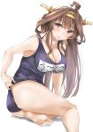  1girl ahoge barefoot black_swimsuit breasts brown_eyes brown_hair cleavage collarbone commentary_request double_bun graphite_(medium) hairband headgear highres kantai_collection kongou_(kantai_collection) large_breasts long_hair looking_at_viewer name_tag school_swimsuit simple_background sitting solo swimsuit tororo_ten traditional_media white_background yokozuwari 