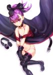  1girl bangs bare_shoulders bikini black_bikini black_bow black_footwear black_gloves black_headwear blush boots bow breasts closed_mouth coat fate/grand_order fate_(series) garrison_cap gloves hair_bow hat headphones helena_blavatsky_(fate/grand_order) helena_blavatsky_(swimsuit_archer)_(fate) highres looking_at_viewer navel off_shoulder open_clothes open_coat purple_eyes purple_hair short_ponytail simple_background small_breasts smile spica_(starlitworks) swimsuit thigh_boots thighhighs throat_microphone 