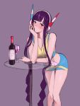  1girl alcohol bangs bare_arms blue_eyes blunt_bangs blush bottle closed_mouth collarbone commentary_request cup drinking_glass eyelashes glass_table gym_leader head_on_hand headphones kamitsure_(pokemon) knees leaning_forward looking_at_viewer nishikino_kee pokemon pokemon_(game) pokemon_bw2 purple_background purple_hair short_hair_with_long_locks simple_background solo table wine wine_bottle wine_glass 