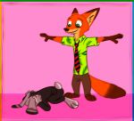  absurd_res anthro barefoot bottomwear canid canine clothed clothing dipstick_tail disney duo ear_markings facial_markings fox fully_clothed fur gloves_(marking) head_markings hi_res inner_ear_fluff jack_savage lagomorph leporid male mammal markings meme multicolored_tail necktie nick_wilde on_ground orange_body orange_fur pants pink_background rabbit red_fox shirt simple_background smile standing t-pose theblueberrycarrots topwear tuft zootopia 