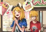  1boy 1girl 39 :d alternate_costume animal_ears arm_at_side bangs bespectacled between_breasts black-framed_eyewear blonde_hair blue_eyes blue_jacket breasts brother_and_sister bunny_ears cake cake_slice casual character_print closed_eyes collarbone commentary crepe fake_animal_ears food fruit glasses hair_ornament hairclip hand_up hands_clasped hands_up hatsune_miku heart highres index_finger_raised inuyabu_cc jacket kagamine_len kagamine_rin looking_at_viewer open_mouth own_hands_together puffy_short_sleeves puffy_sleeves red_shirt ribbon shirt short_hair short_sleeves siblings smile sparkle strawberry sweatdrop swept_bangs t-shirt twins upper_body vocaloid white_shirt 