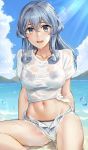  1girl blue_eyes blue_hair breasts cloud collarbone day eyebrows_visible_through_hair gotland_(kantai_collection) groin hair_between_eyes highres kantai_collection kokuzou large_breasts light_rays long_hair looking_at_viewer mole mole_under_eye navel open_mouth shirt short_sleeves shorts sky solo sunbeam sunlight water water_drop wet wet_clothes wet_shirt white_shirt white_shorts 