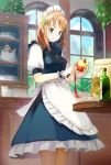  1girl apple blurry blurry_background commentary english_commentary food fruit green_eyes hair_ornament holding indoors knife leaf_hair_ornament light_brown_hair maid maid_headdress original peeling puffy_short_sleeves puffy_sleeves short_sleeves solo yoshitake 