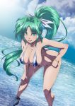 1girl aqua_eyes aqua_hair ass bare_shoulders blush breasts cleavage covered_nipples facial_mark forehead_mark hand_on_thigh highres large_breasts leaning_forward lindy_harlaown long_hair looking_at_viewer lyrical_nanoha mahou_shoujo_lyrical_nanoha open_mouth ponytail shiny shiny_hair shiny_skin skindentation slingshot_swimsuit smile solo standing swimsuit tappa_(esperanza) tongue wet white_swimsuit 