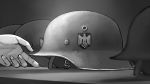  bird chin_strap eagle emblem erica_(naze1940) germany hands helmet highres military monochrome original stahlhelm world_war_ii 
