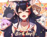  4girls absurdres animal_ear_fluff animal_ears bangs black_hair black_shirt bone_hair_ornament braid brown_eyes brown_hair cat_ears cat_girl chibi choker collar commentary_request confetti dog_ears dog_girl english_text eyebrows_visible_through_hair flag fox_ears fox_girl green_eyes hair_between_eyes hair_ornament hairclip happy_birthday highres hololive hololive_gamers inre_kemomimi inugami_korone long_hair looking_at_viewer miochun multicolored_hair multiple_girls neckerchief nekomata_okayu ookami_mio open_mouth purple_eyes purple_hair red_choker red_hair red_neckwear sailor_collar shirakami_fubuki shirt sidelocks single_braid sleeveless sleeveless_shirt two-tone_hair virtual_youtuber white_hair wolf_ears wolf_girl yellow_eyes 