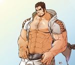  1boy bara beard brown_hair bulge chest chest_hair erection erection_under_clothes facial_hair forehead_scar hood looking_at_viewer male_focus male_underwear manly muscle nipples oniwaka_(tokyo_houkago_summoners) open_clothes pectorals simple_background small_head solo tokyo_houkago_summoners underwear undressing upper_body yanutorie 