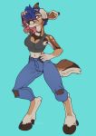  2020 5_fingers absurd_res anthro blue_background blue_hair cervid clothed clothing digital_media_(artwork) eyebrows eyelashes female fingers hair hi_res hooves mammal orange_eyes redcreator simple_background smile solo standing 